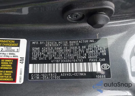 2011 Toyota Camry Le из США, поврежденный, VIN 4T1BF3EK6BU164783